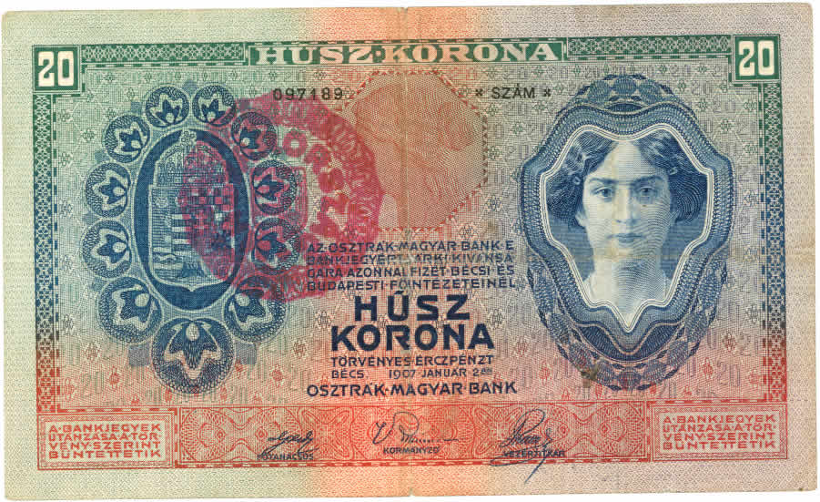 20 K 1907 with MAGYARORSZÁG hand stamp FRONT